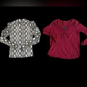Buckle snakeskin mock neck puff sleeve & burgundy lucky brand Henley blouses top